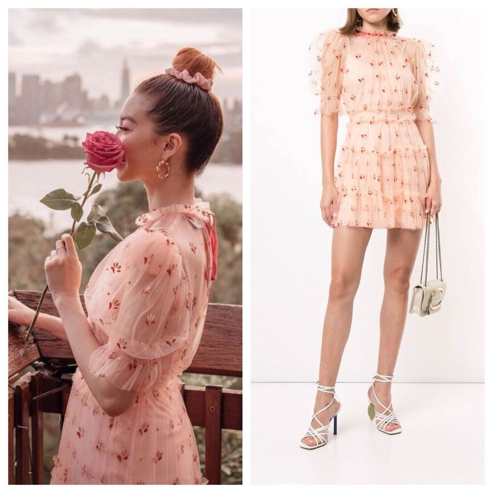 ALICE MCCALL Cowboy Tears Peach Orange Pink Tulle Ruffle Mini Dress US 0